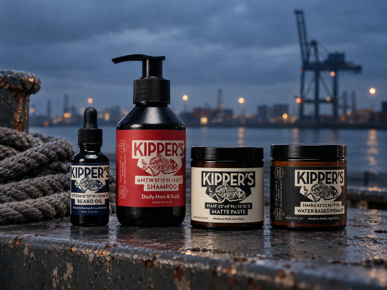 סדרת המוצרים של KIPPER’S: שמן זקן, שמפו, משחה מט ופומייד על רציף בנמל בלילה